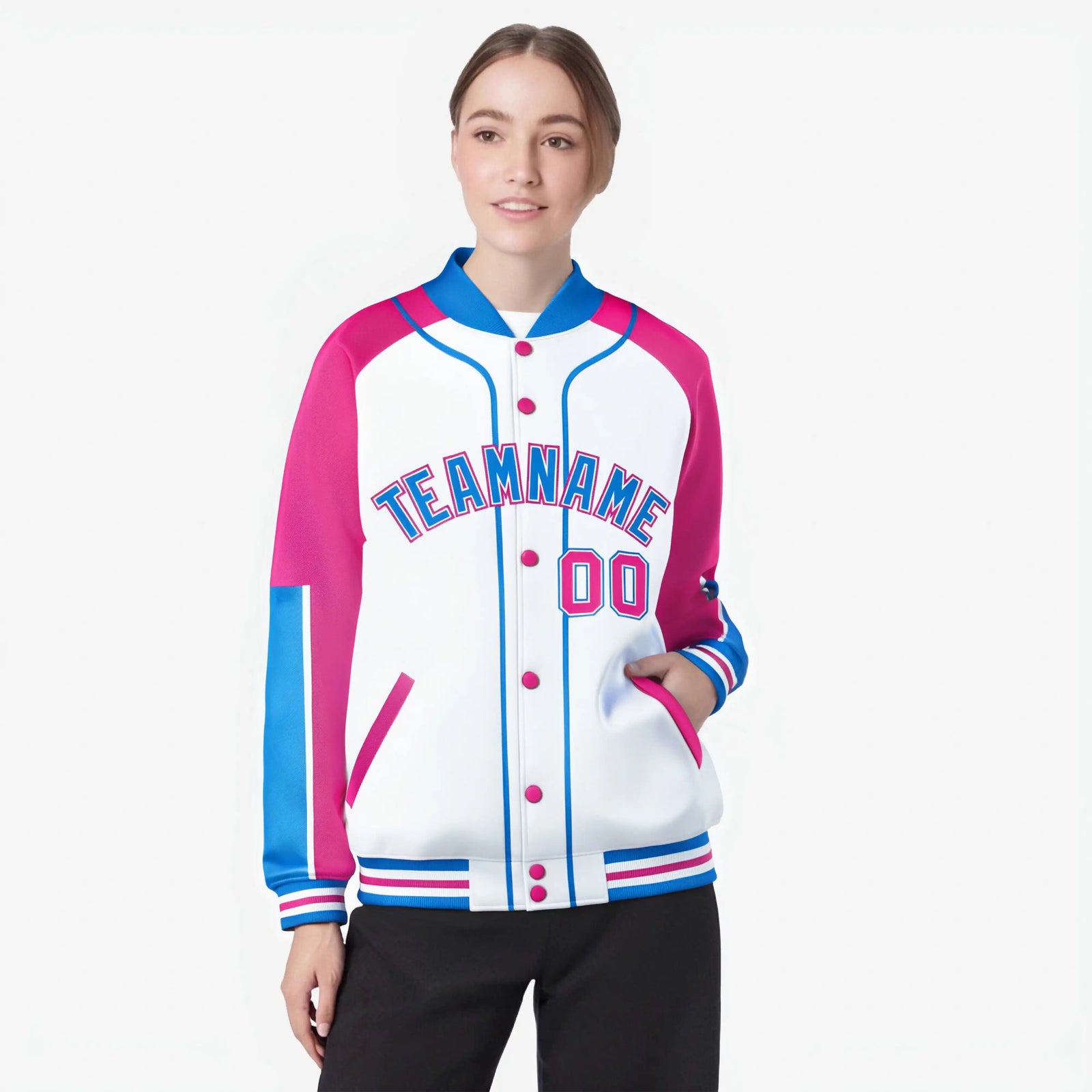 Custom White Pink-Powder Blue Varsity Full-Snap Color Block Letterman Jacket
