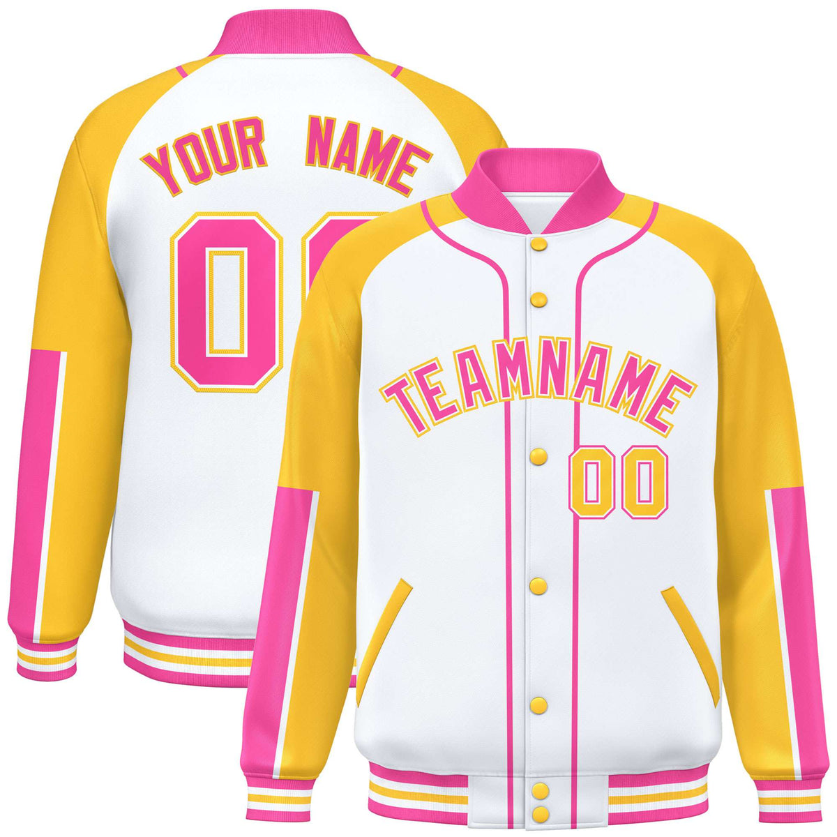Custom White Gold-Pink Varsity Full-Snap Color Block Letterman Jacket