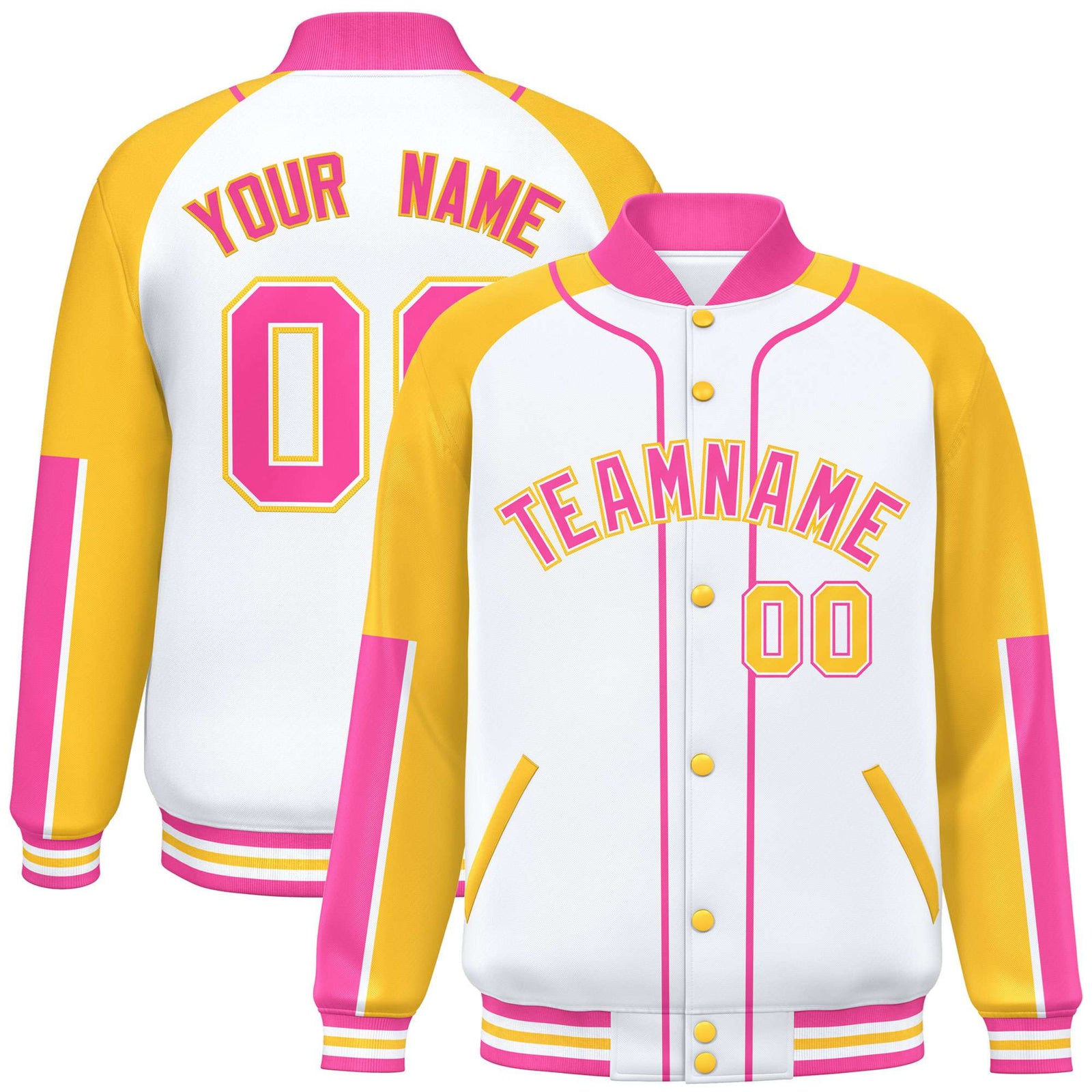 Custom White Gold-Pink Varsity Full-Snap Color Block Letterman Jacket