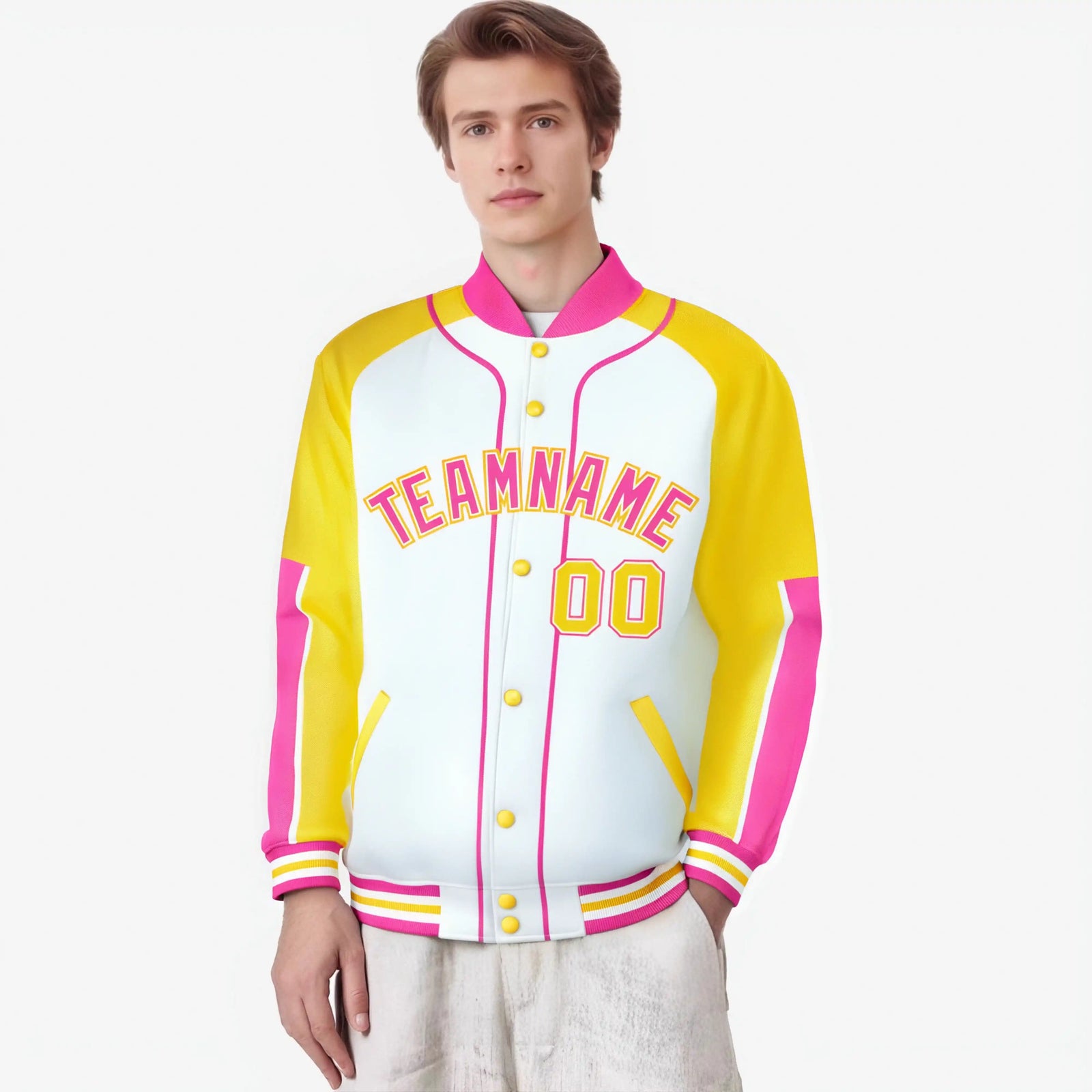 Custom White Gold-Pink Varsity Full-Snap Color Block Letterman Jacket
