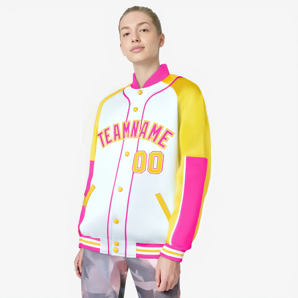 Custom White Gold-Pink Varsity Full-Snap Color Block Letterman Jacket