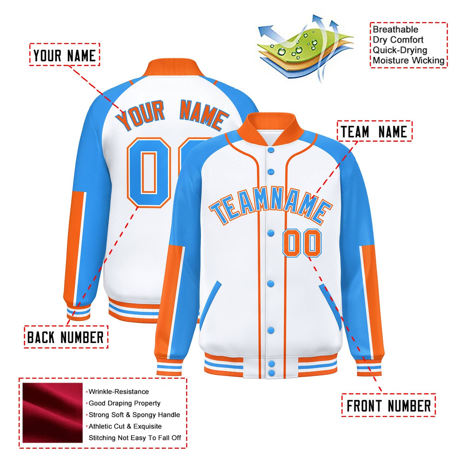 Custom White Powder Blue-Orange Varsity Full-Snap Color Block Letterman Jacket