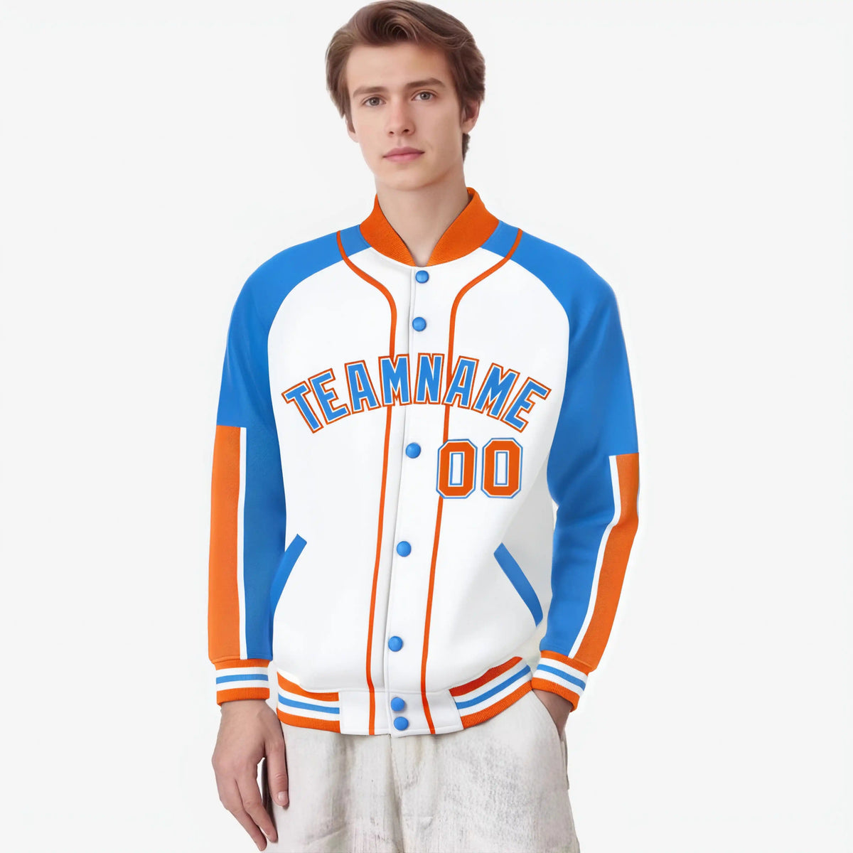 Custom White Powder Blue-Orange Varsity Full-Snap Color Block Letterman Jacket