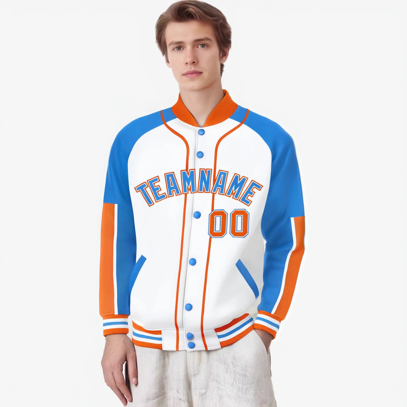 Custom White Powder Blue-Orange Varsity Full-Snap Color Block Letterman Jacket