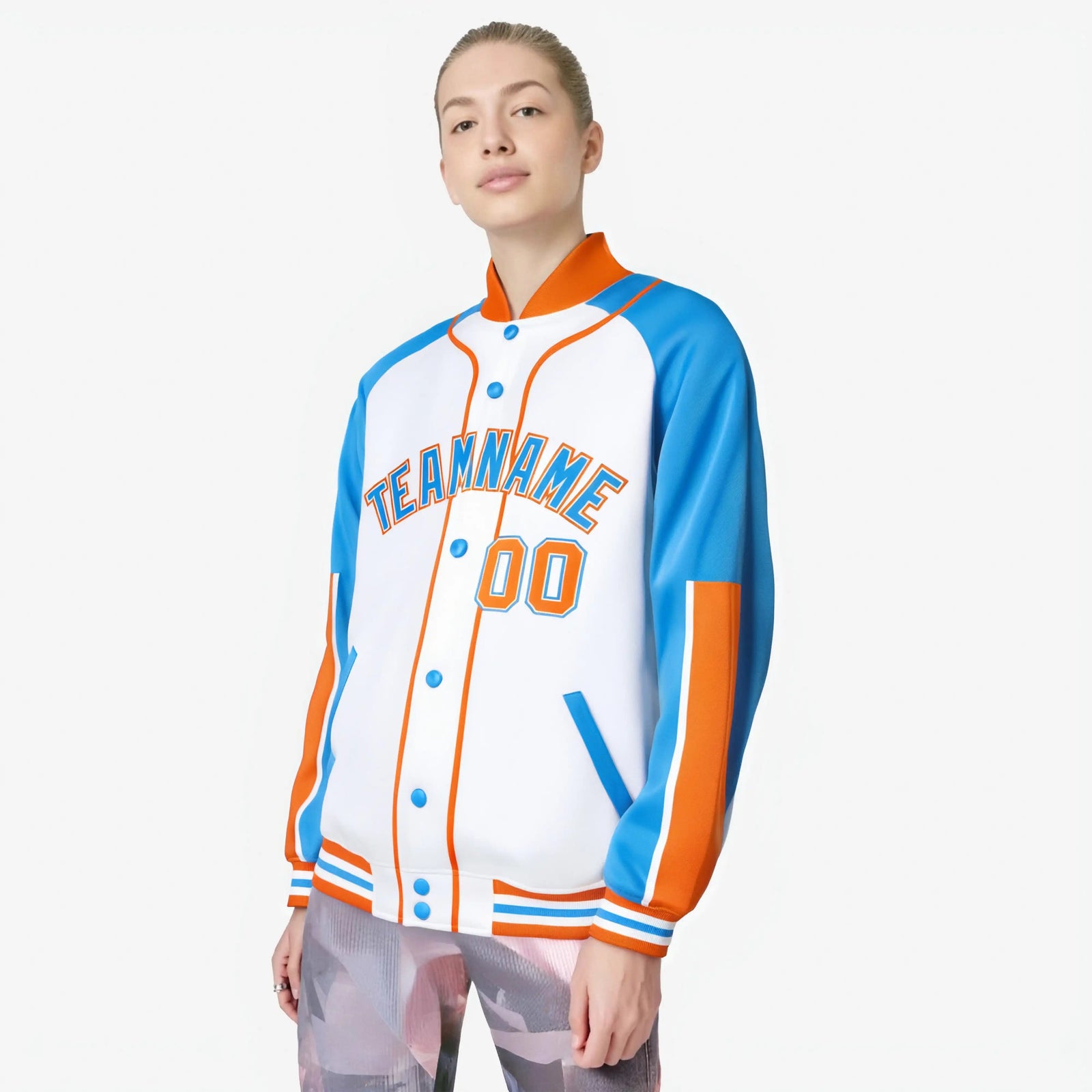 Custom White Powder Blue-Orange Varsity Full-Snap Color Block Letterman Jacket