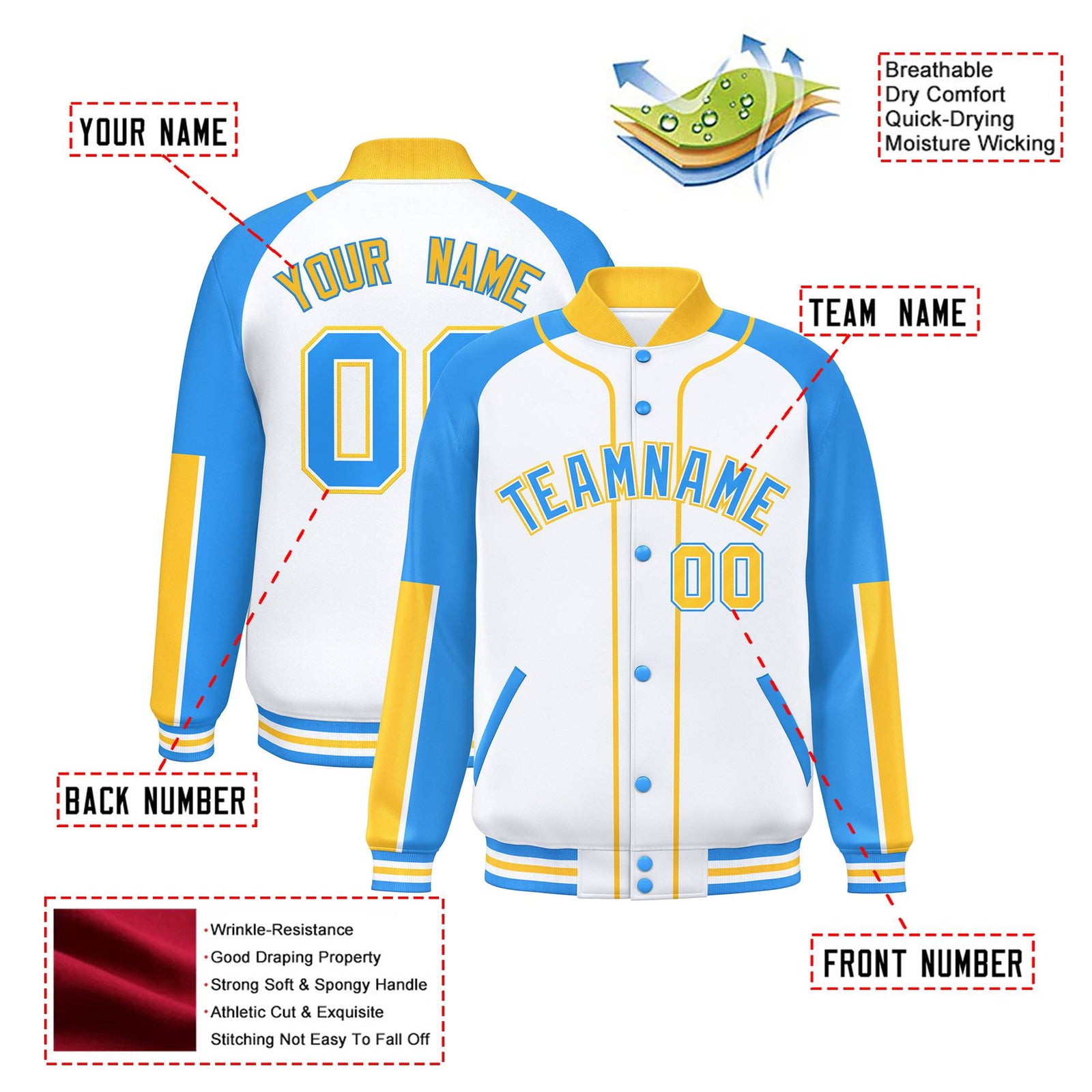 Custom White Powder Blue-Gold Varsity Full-Snap Color Block Letterman Jacket