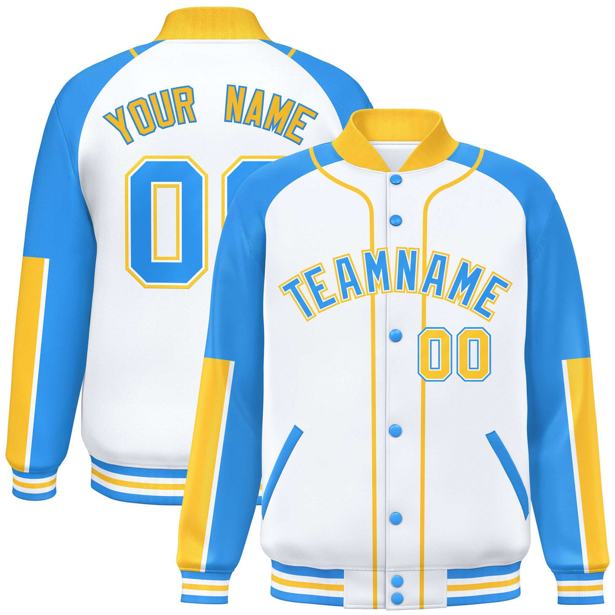 Custom White Powder Blue-Gold Varsity Full-Snap Color Block Letterman Jacket