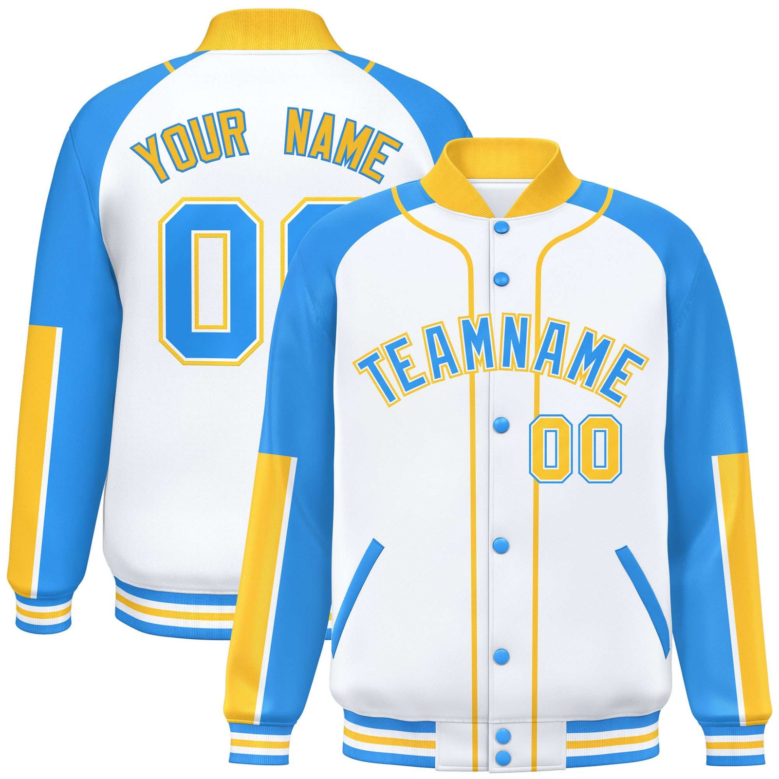 Custom White Powder Blue-Gold Varsity Full-Snap Color Block Letterman Jacket