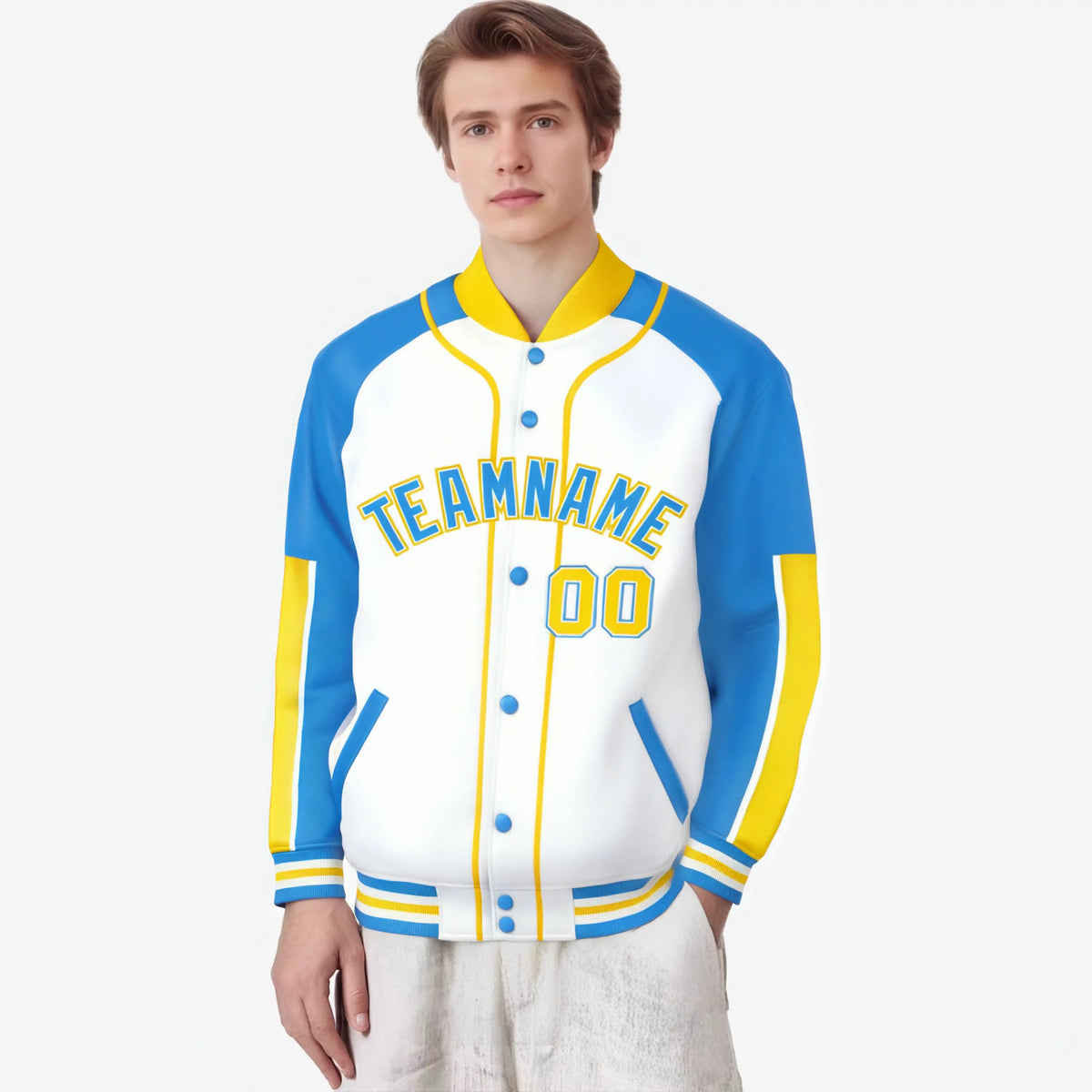 Custom White Powder Blue-Gold Varsity Full-Snap Color Block Letterman Jacket