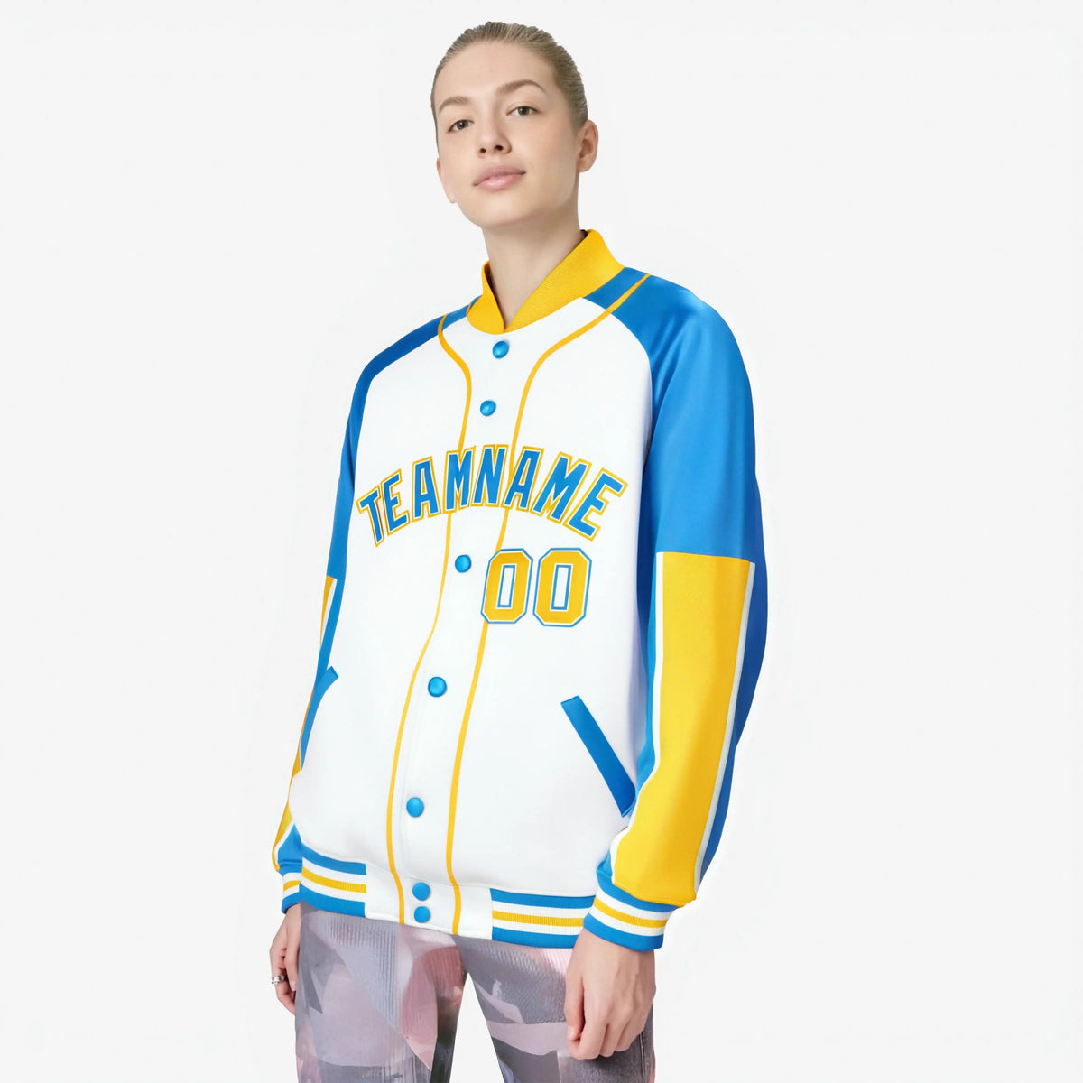 Custom White Powder Blue-Gold Varsity Full-Snap Color Block Letterman Jacket