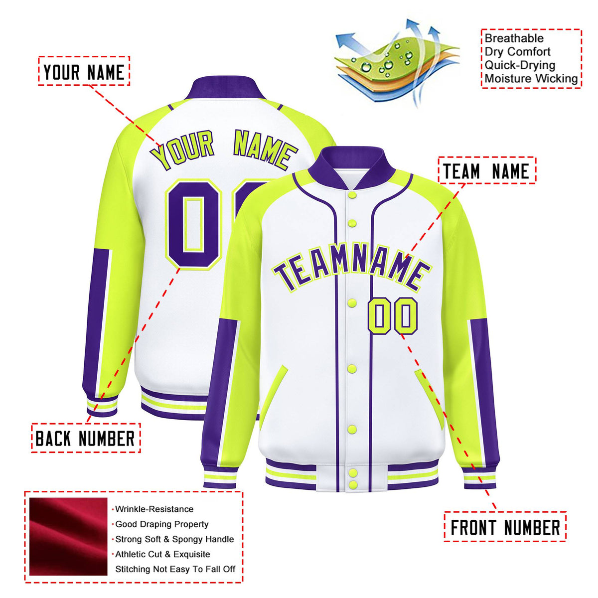 Custom White Fluorescent Green-Purple Varsity Full-Snap Color Block Letterman Jacket