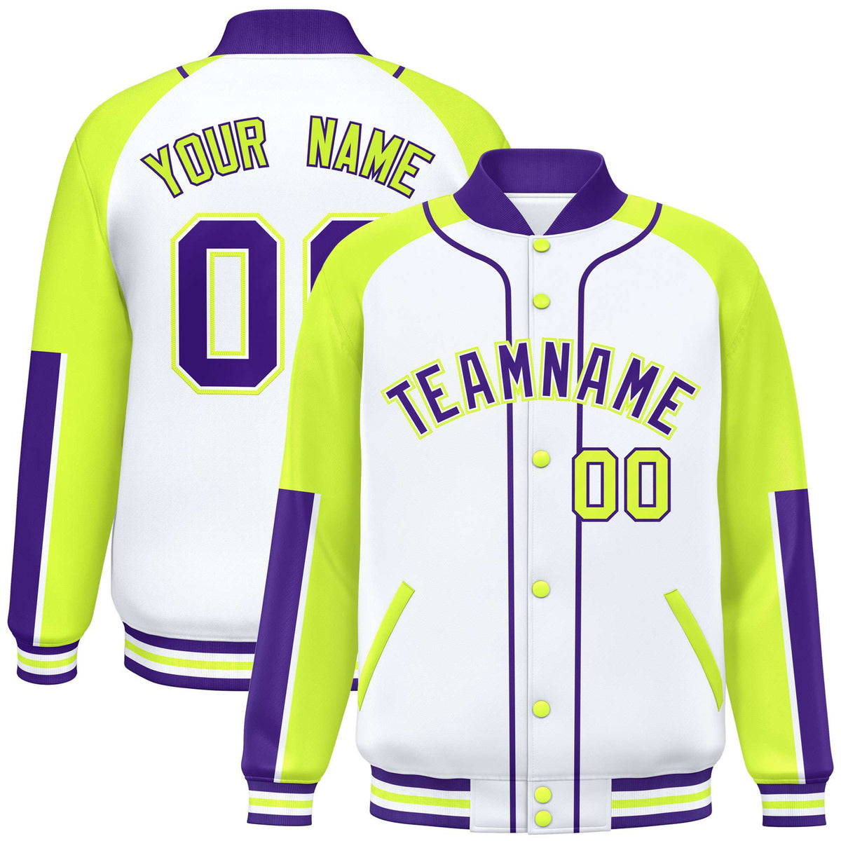 Custom White Fluorescent Green-Purple Varsity Full-Snap Color Block Letterman Jacket
