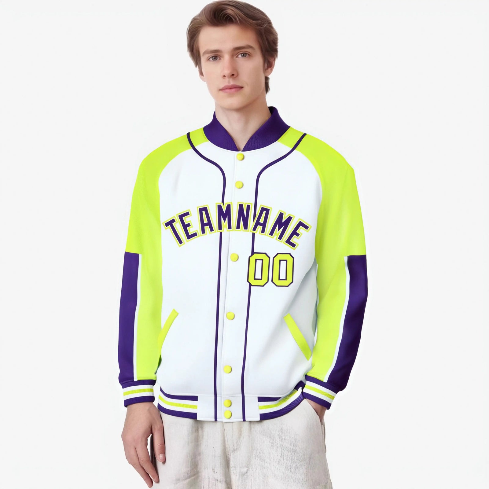 Custom White Fluorescent Green-Purple Varsity Full-Snap Color Block Letterman Jacket