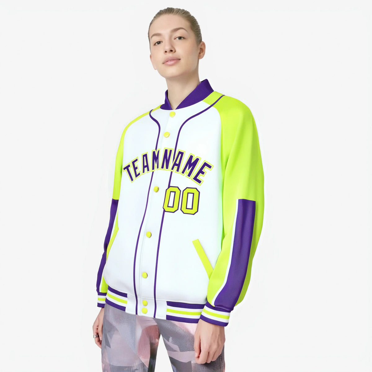 Custom White Fluorescent Green-Purple Varsity Full-Snap Color Block Letterman Jacket