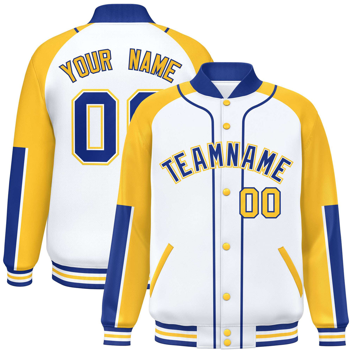 Custom White Gold-Royal Blue Varsity Full-Snap Color Block Letterman Jacket