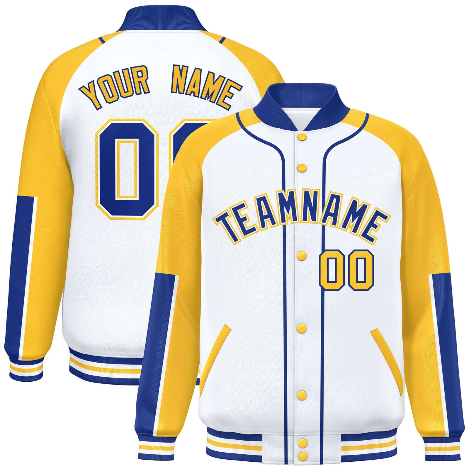 Custom White Gold-Royal Blue Varsity Full-Snap Color Block Letterman Jacket
