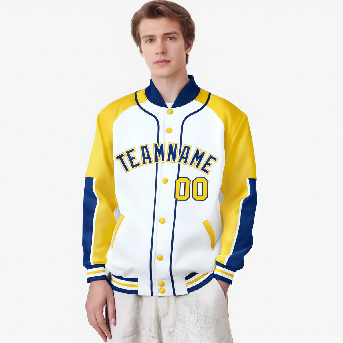 Custom White Gold-Royal Blue Varsity Full-Snap Color Block Letterman Jacket
