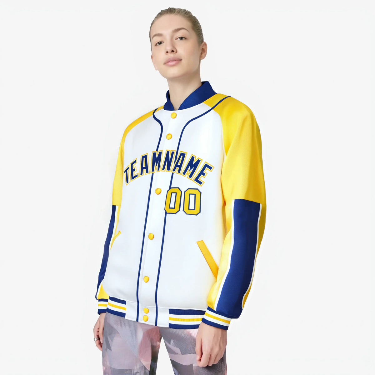 Custom White Gold-Royal Blue Varsity Full-Snap Color Block Letterman Jacket
