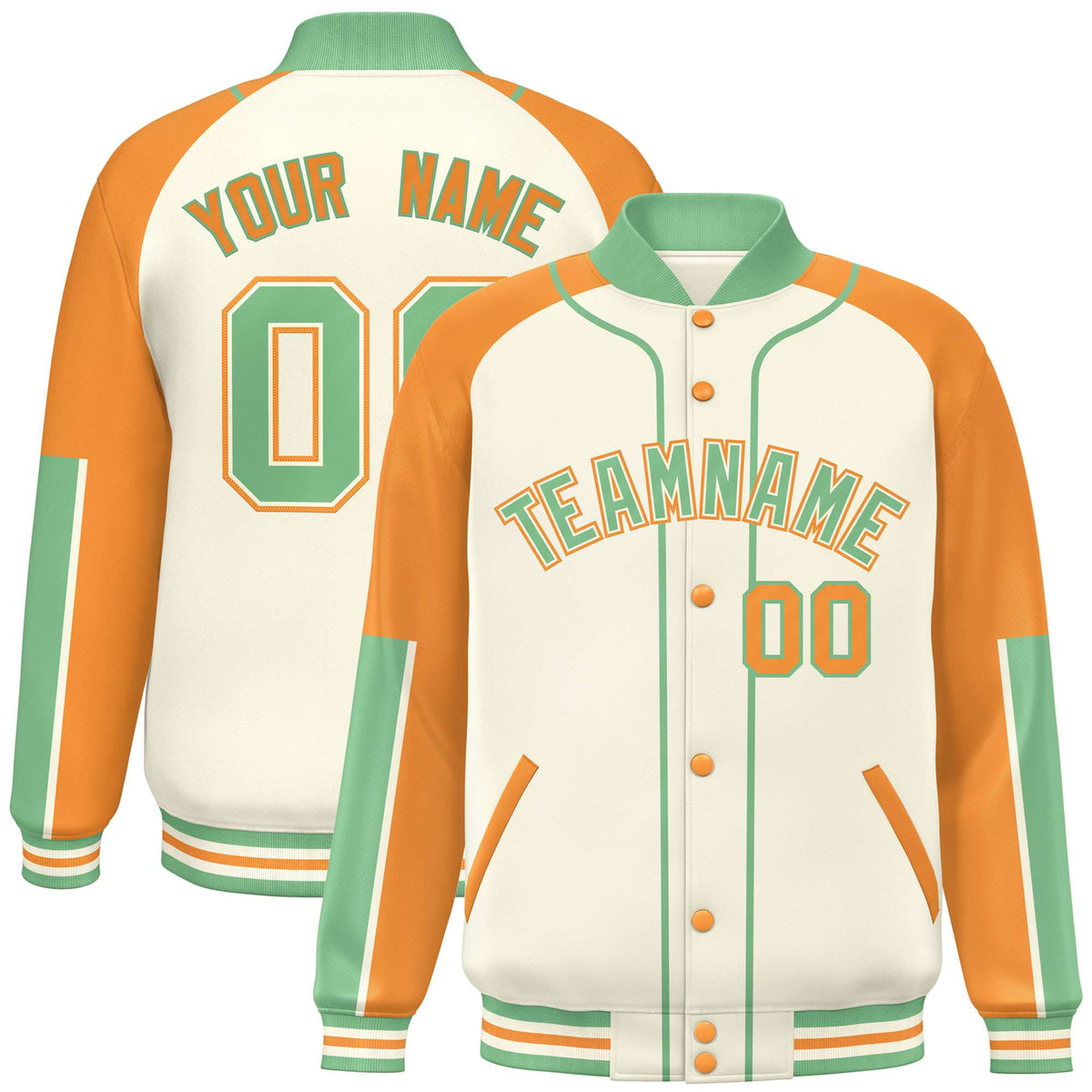 Custom Cream Yellow-Bright green Varsity Full-Snap Color Block Letterman Jacket