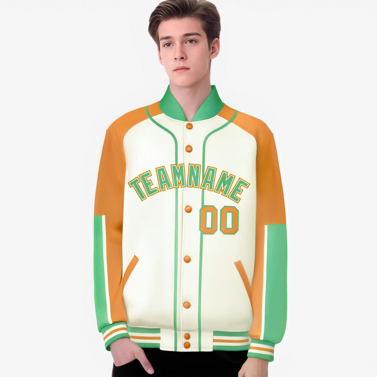 Custom Cream Yellow-Bright green Varsity Full-Snap Color Block Letterman Jacket