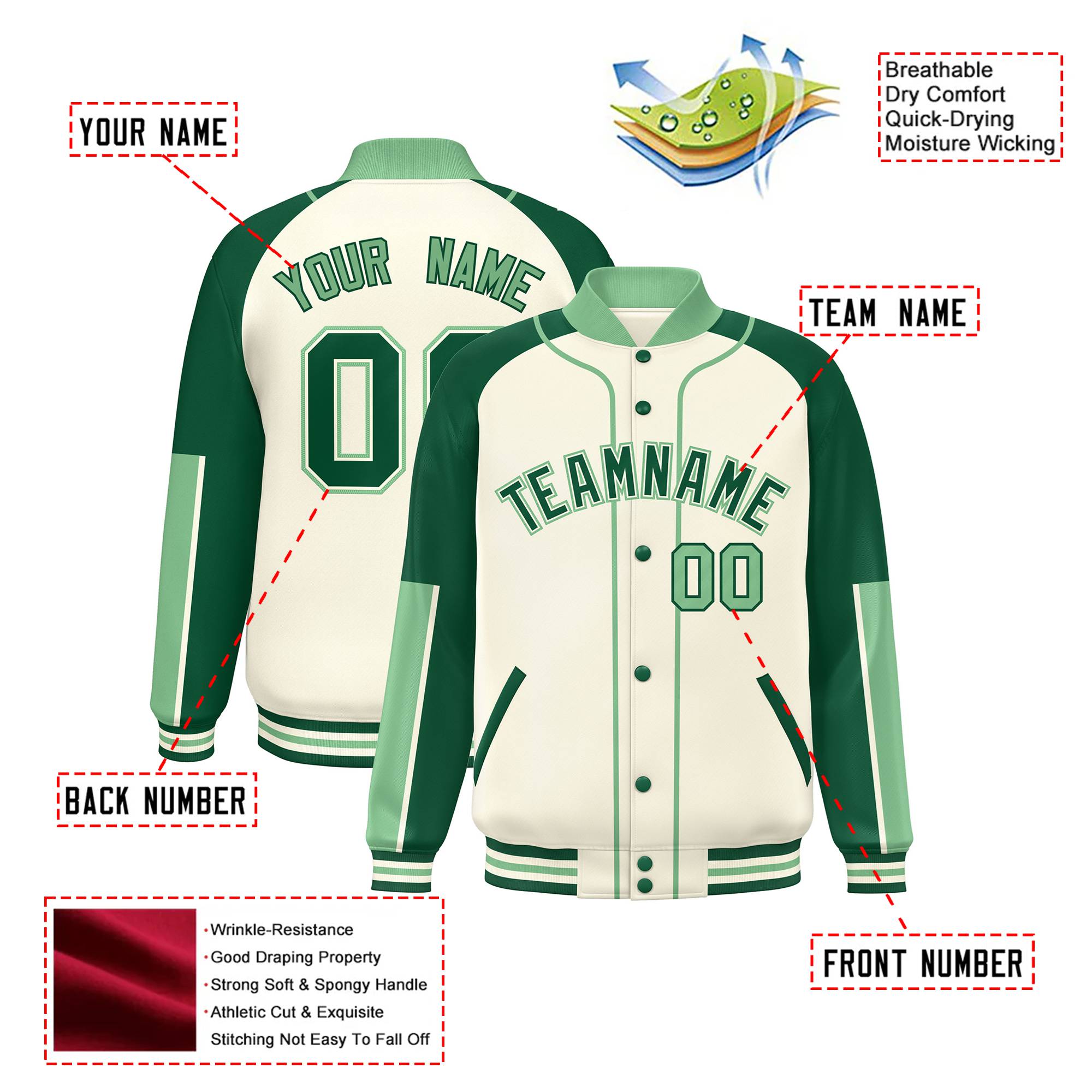 Custom Cream Green-Bright green Varsity Full-Snap Color Block Letterman Jacket