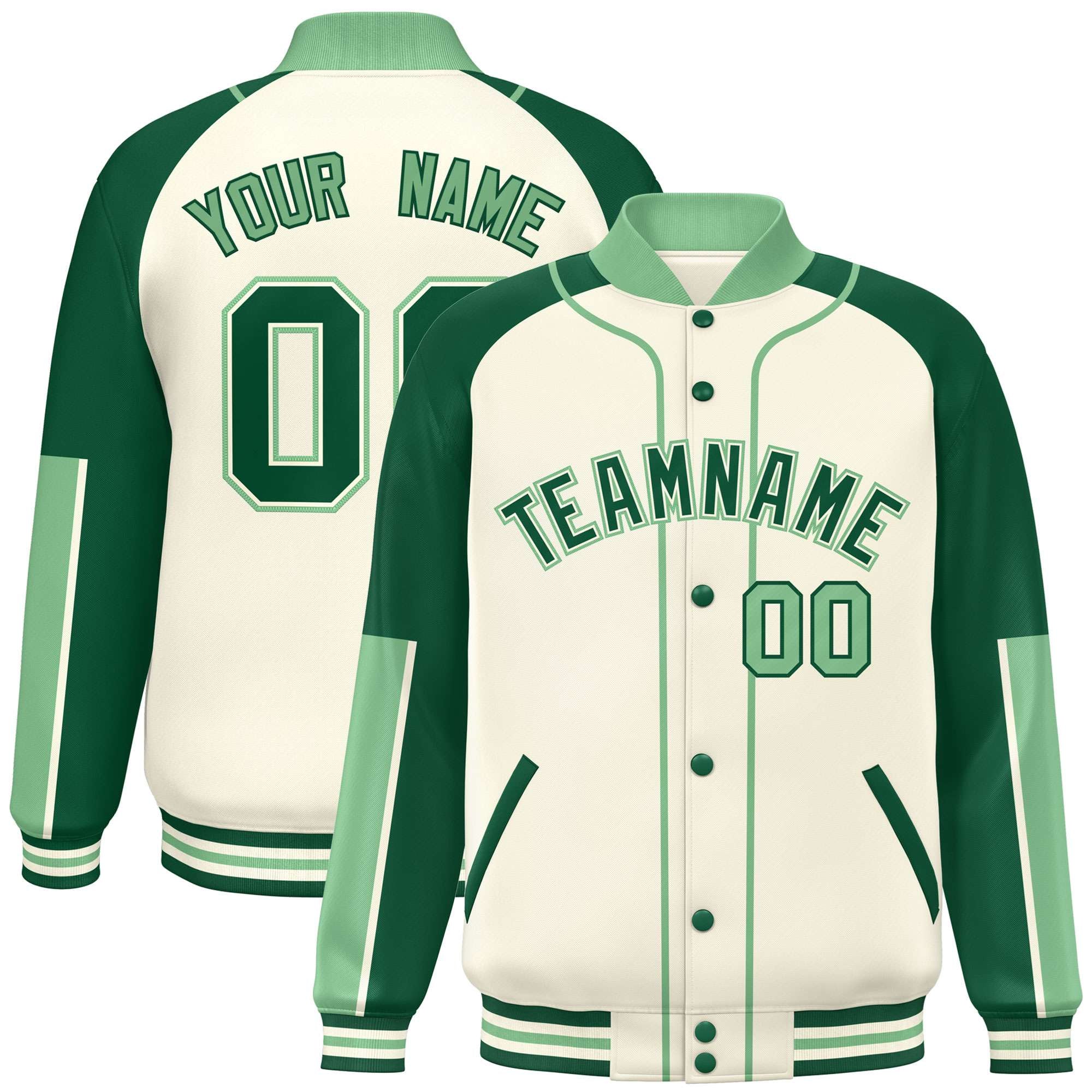 Custom Cream Green-Bright green Varsity Full-Snap Color Block Letterman Jacket