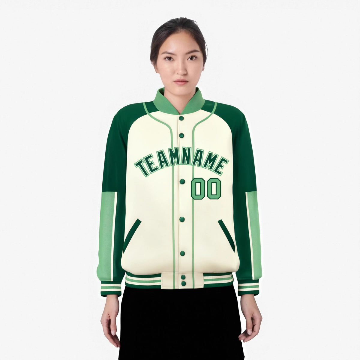 Custom Cream Green-Bright green Varsity Full-Snap Color Block Letterman Jacket