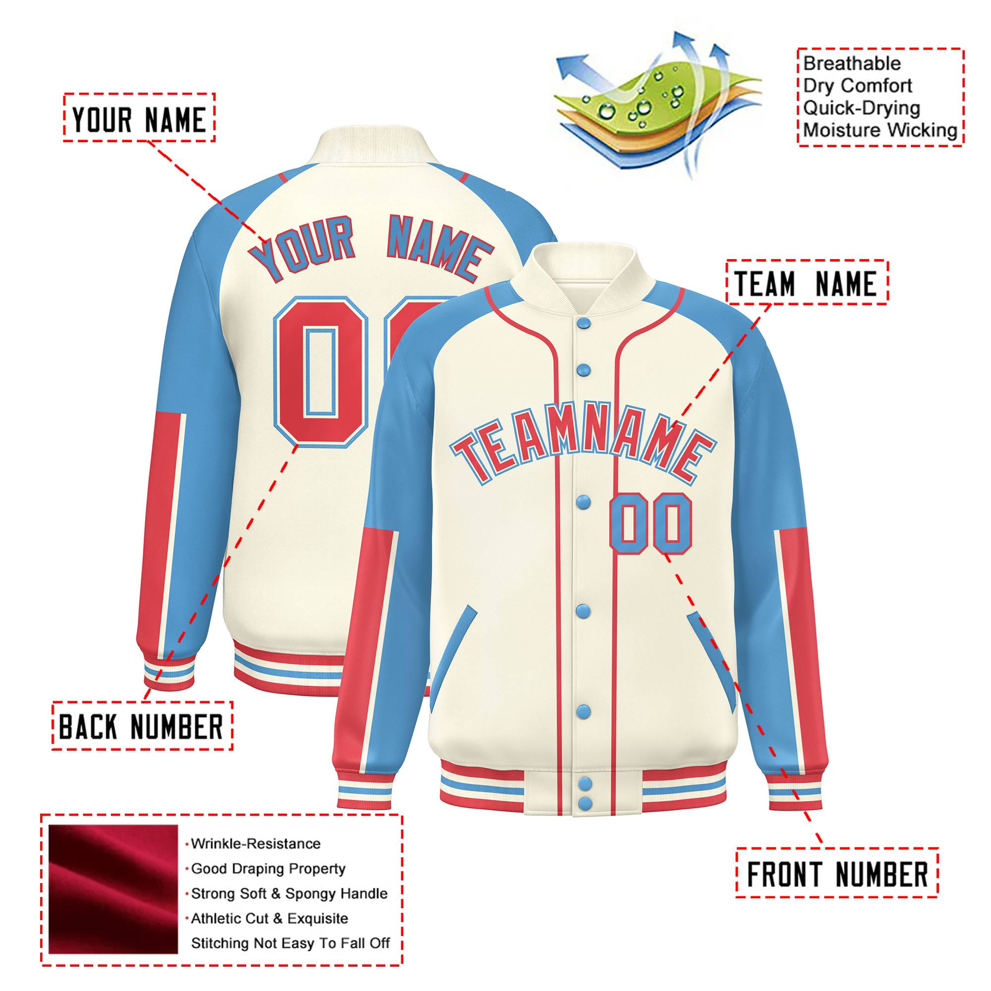 Custom Cream Light Blue-Light Red Varsity Full-Snap Color Block Letterman Jacket