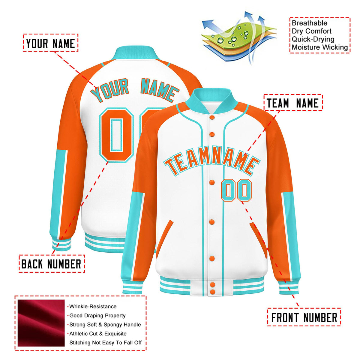 Custom White Orange-Aqua Varsity Full-Snap Color Block Letterman Jacket