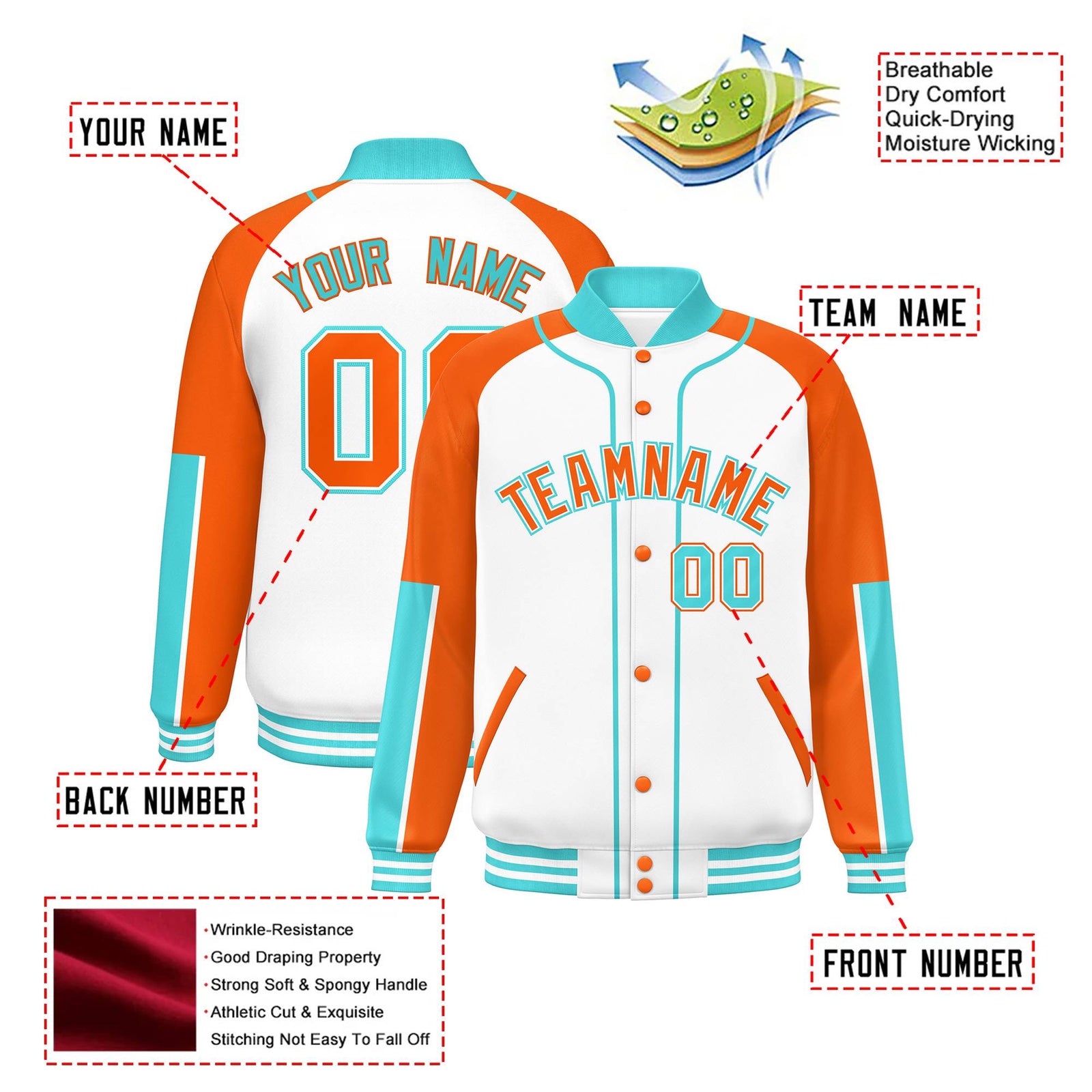 Custom White Orange-Aqua Varsity Full-Snap Color Block Letterman Jacket