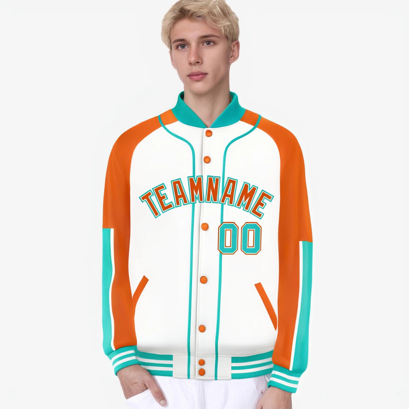 Custom White Orange-Aqua Varsity Full-Snap Color Block Letterman Jacket