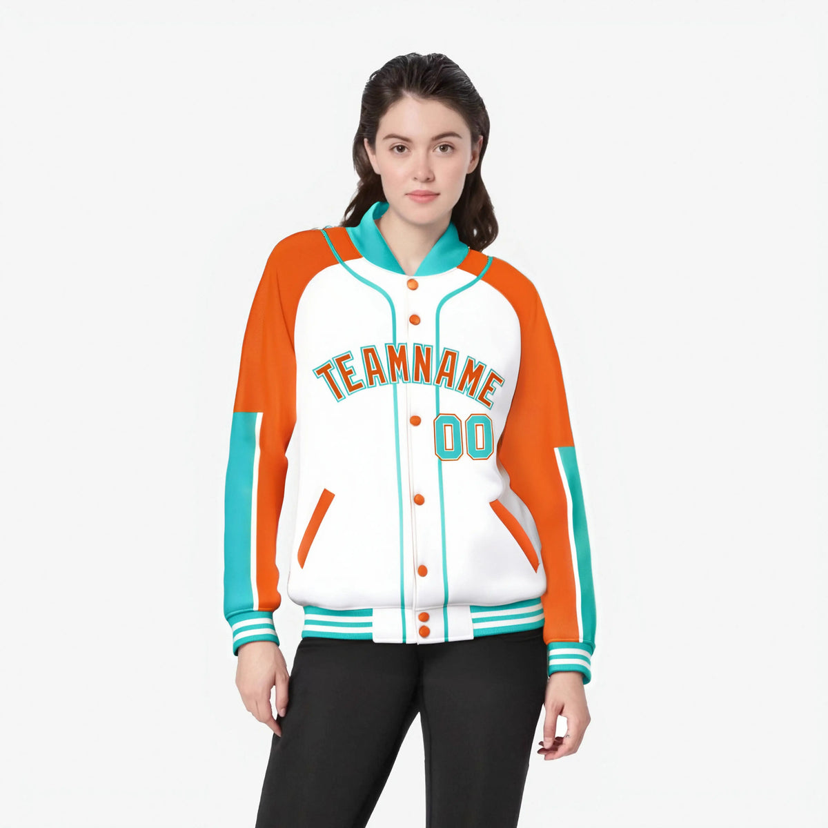 Custom White Orange-Aqua Varsity Full-Snap Color Block Letterman Jacket