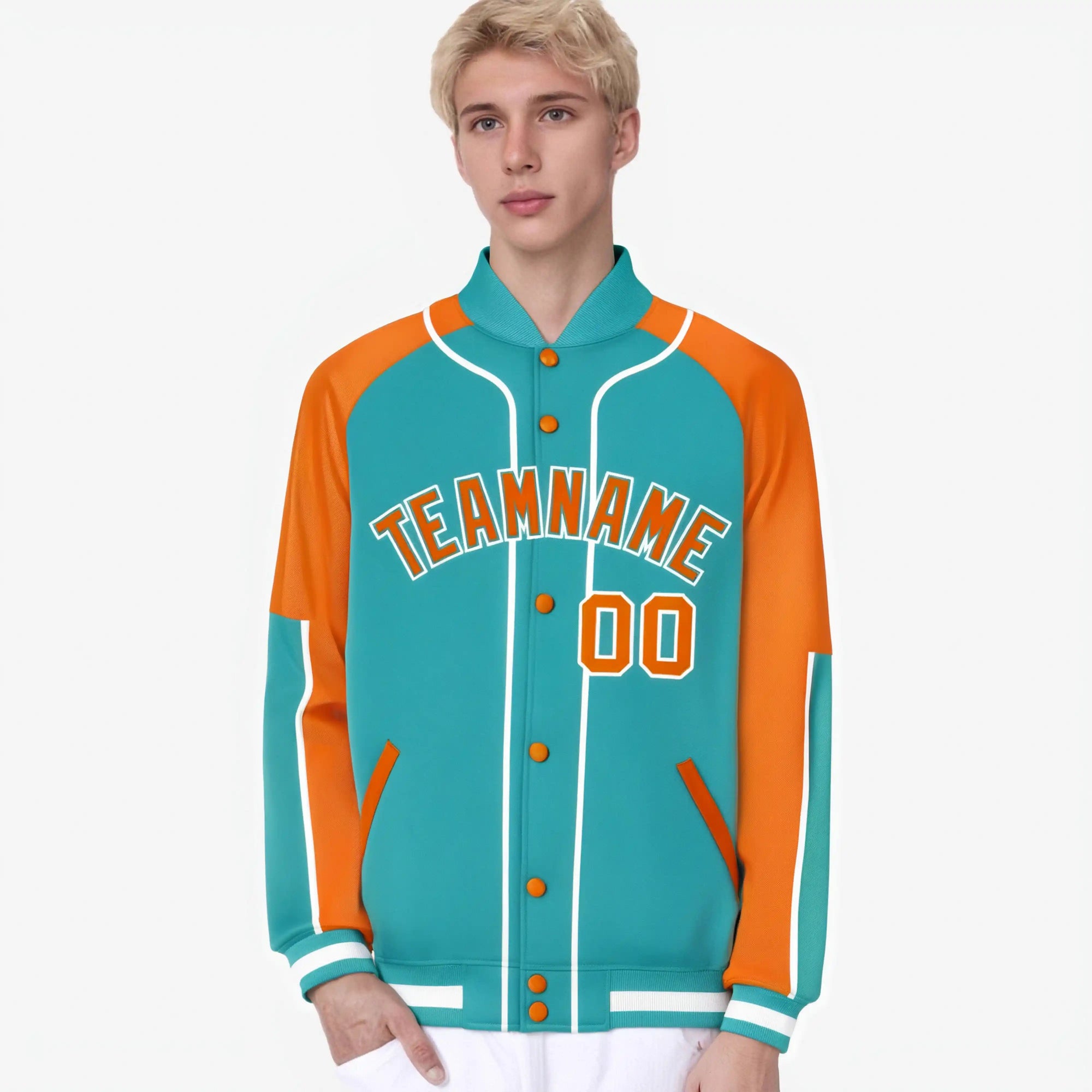 Custom Aqua Orange-Aqua Varsity Full-Snap Color Block Letterman Jacket