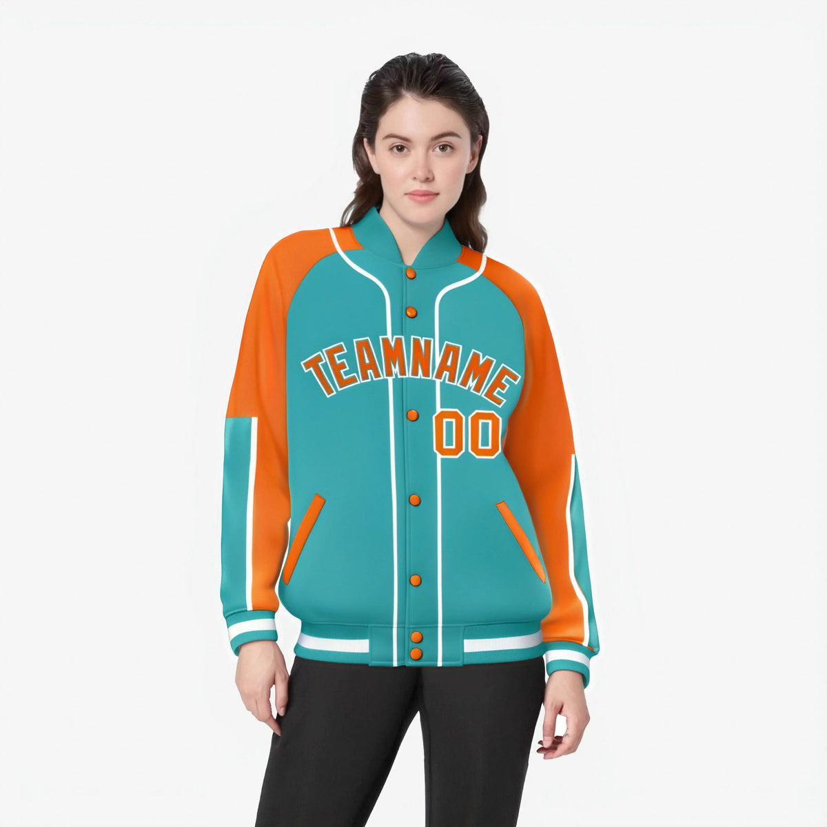 Custom Aqua Orange-Aqua Varsity Full-Snap Color Block Letterman Jacket