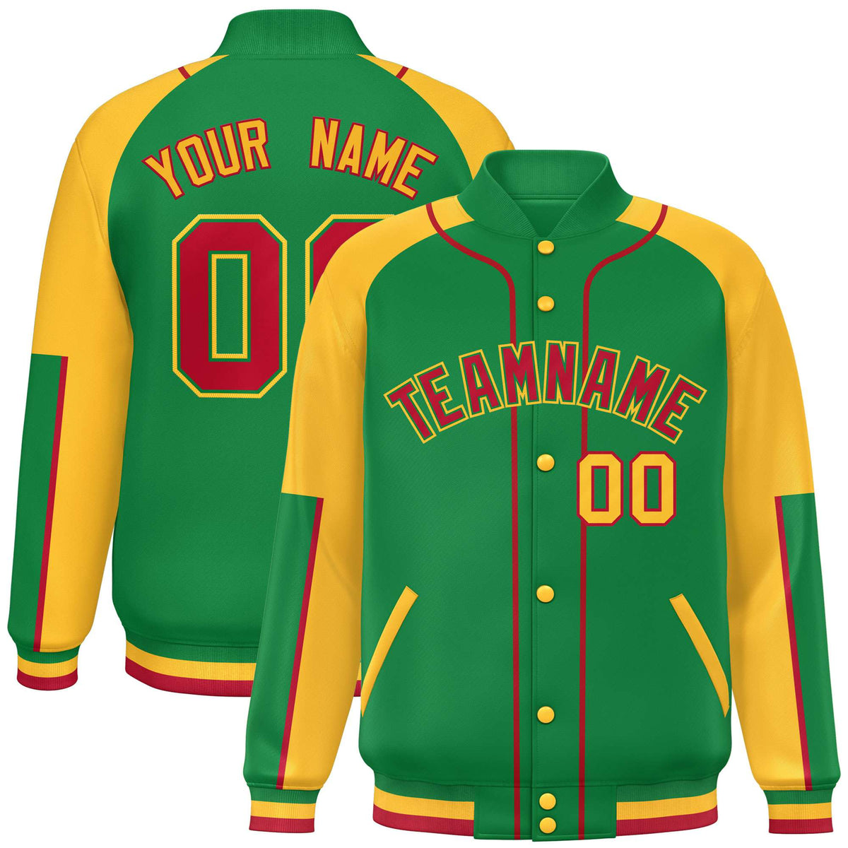 Custom Kelly Green Gold-Kelly Green Varsity Full-Snap Color Block Letterman Jacket