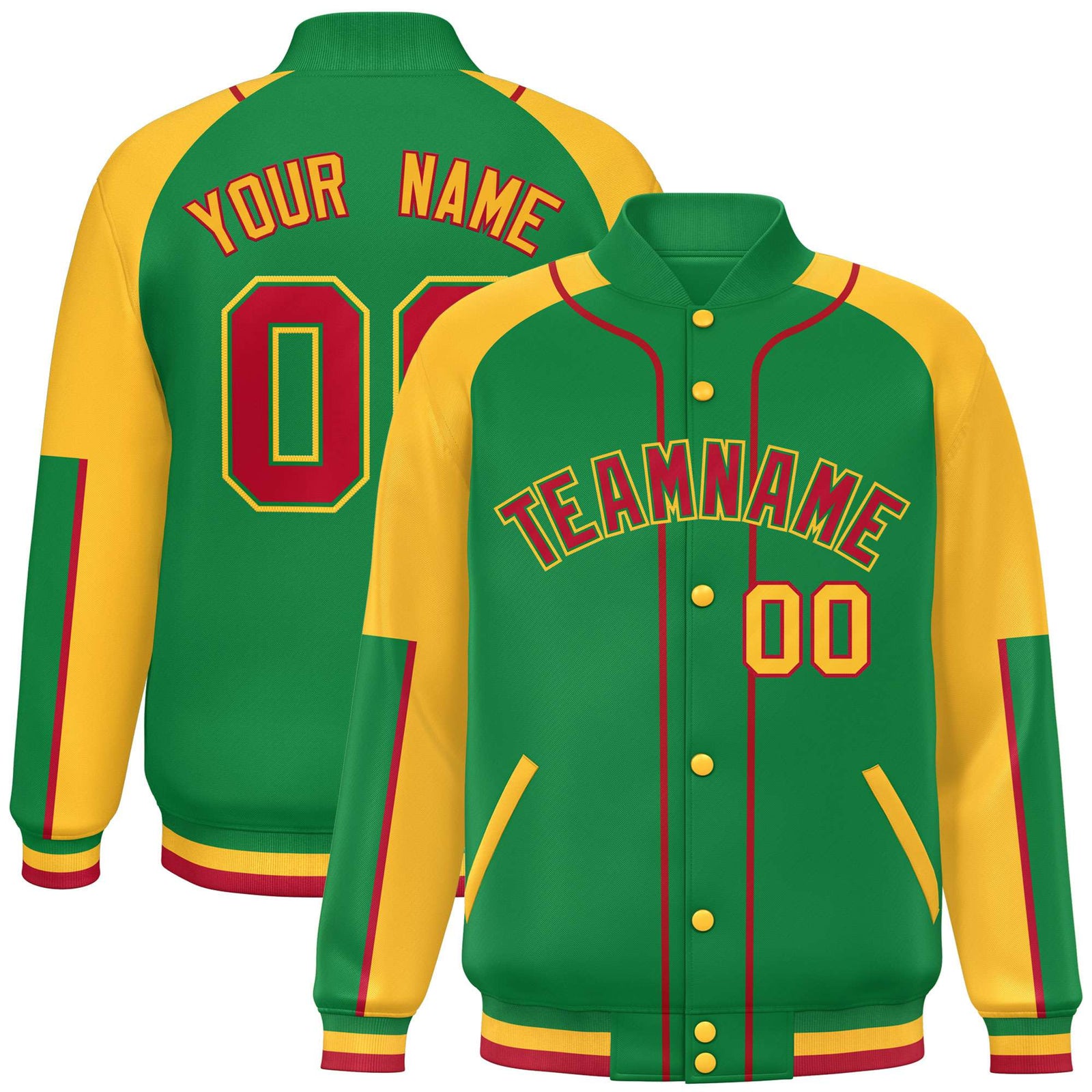 Custom Kelly Green Gold-Kelly Green Varsity Full-Snap Color Block Letterman Jacket