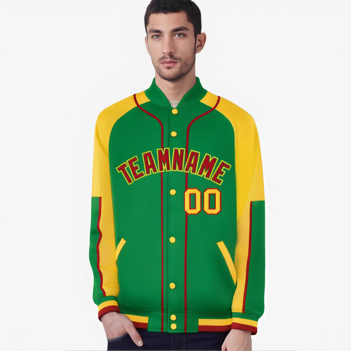 Custom Kelly Green Gold-Kelly Green Varsity Full-Snap Color Block Letterman Jacket