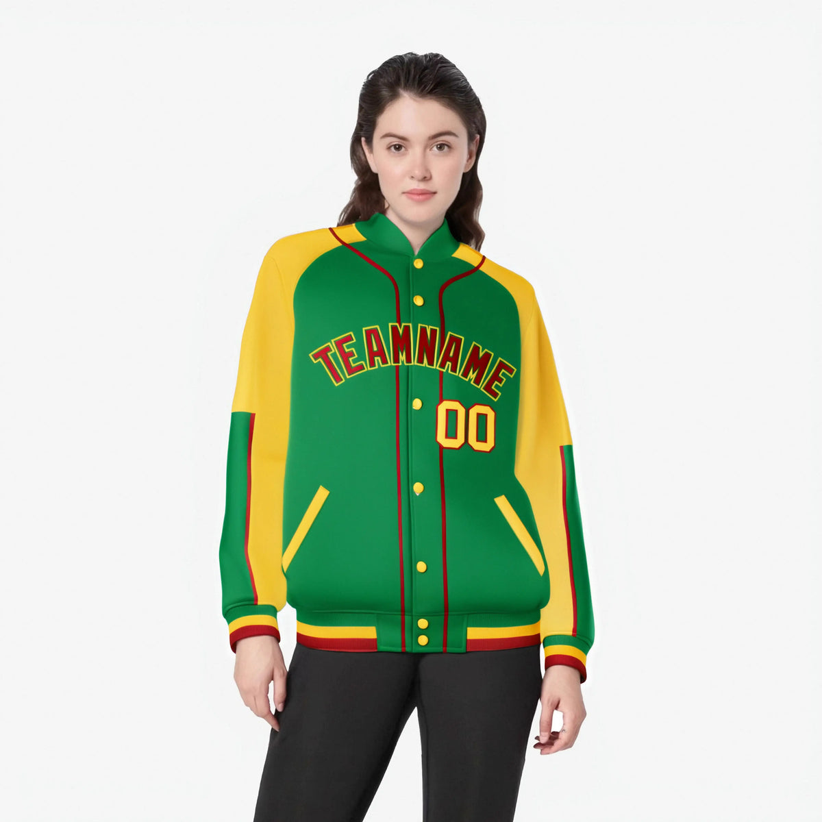 Custom Kelly Green Gold-Kelly Green Varsity Full-Snap Color Block Letterman Jacket