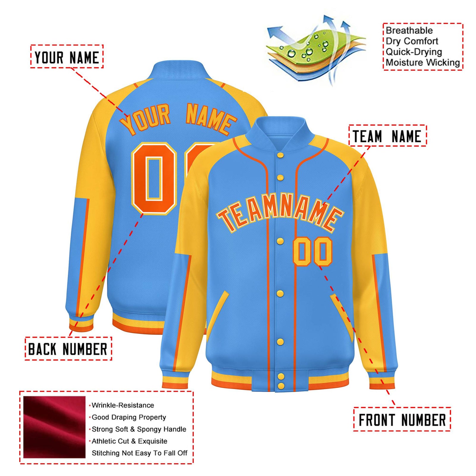 Custom Powder Blue Gold-Powder Blue Varsity Full-Snap Color Block Letterman Jacket