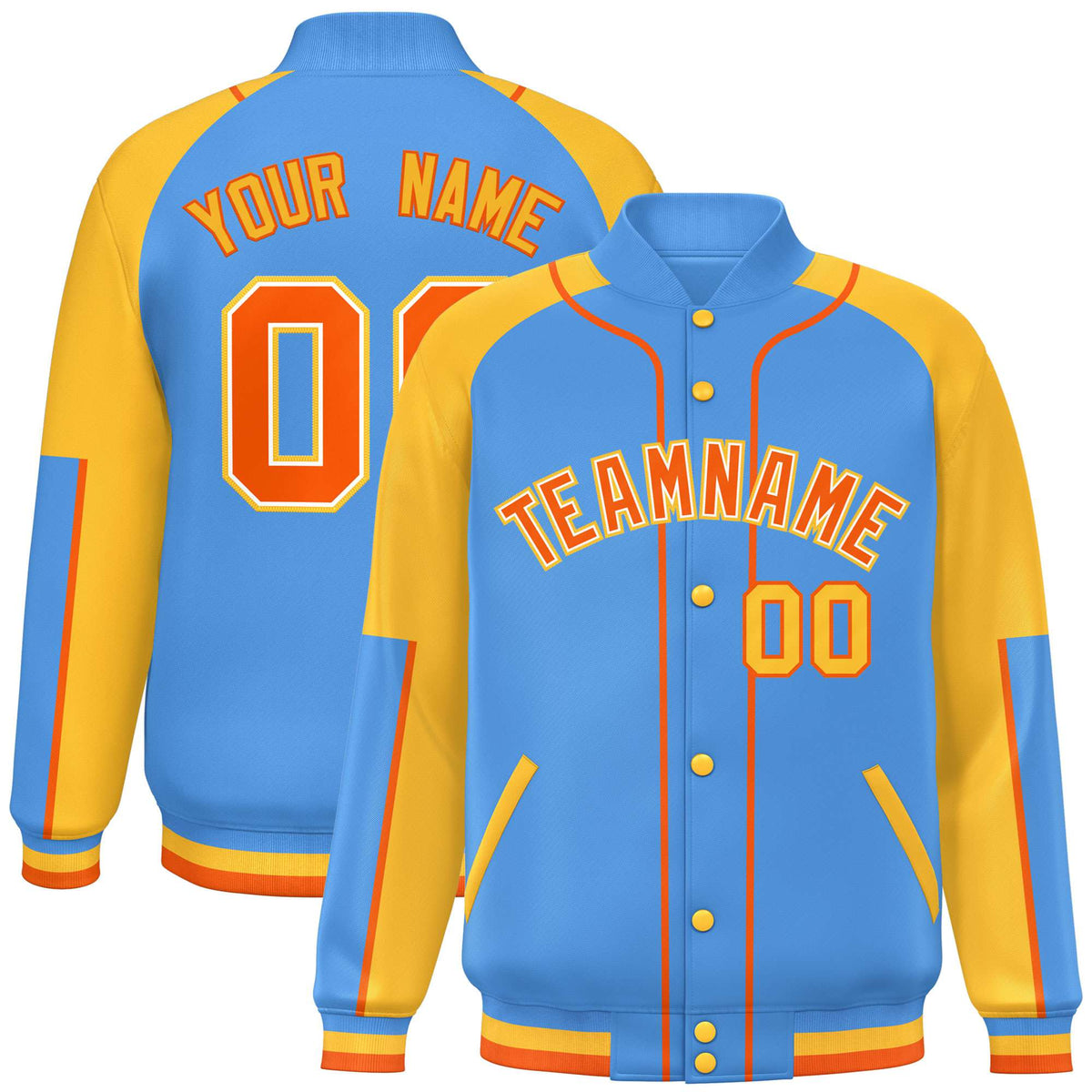 Custom Powder Blue Gold-Powder Blue Varsity Full-Snap Color Block Letterman Jacket