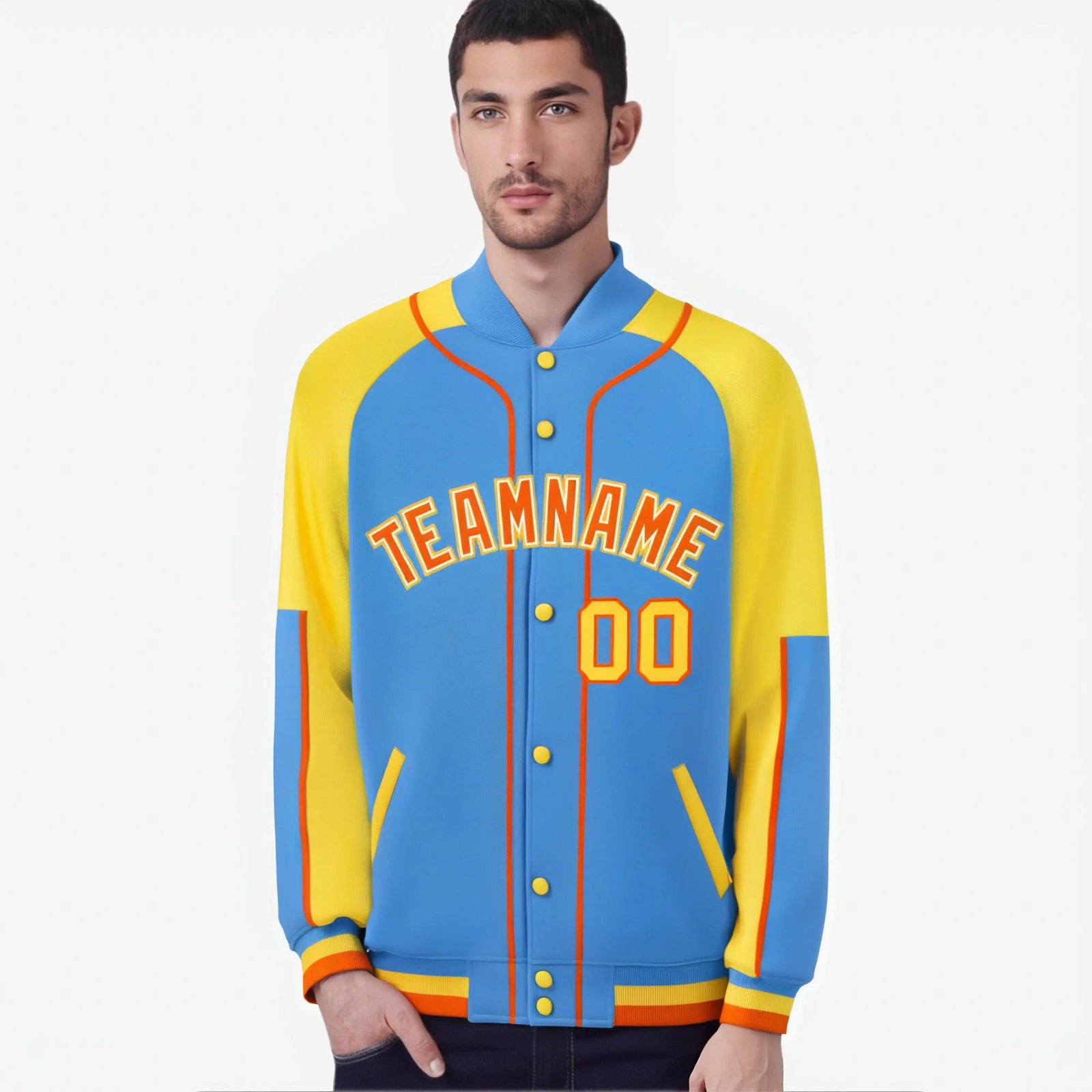 Custom Powder Blue Gold-Powder Blue Varsity Full-Snap Color Block Letterman Jacket