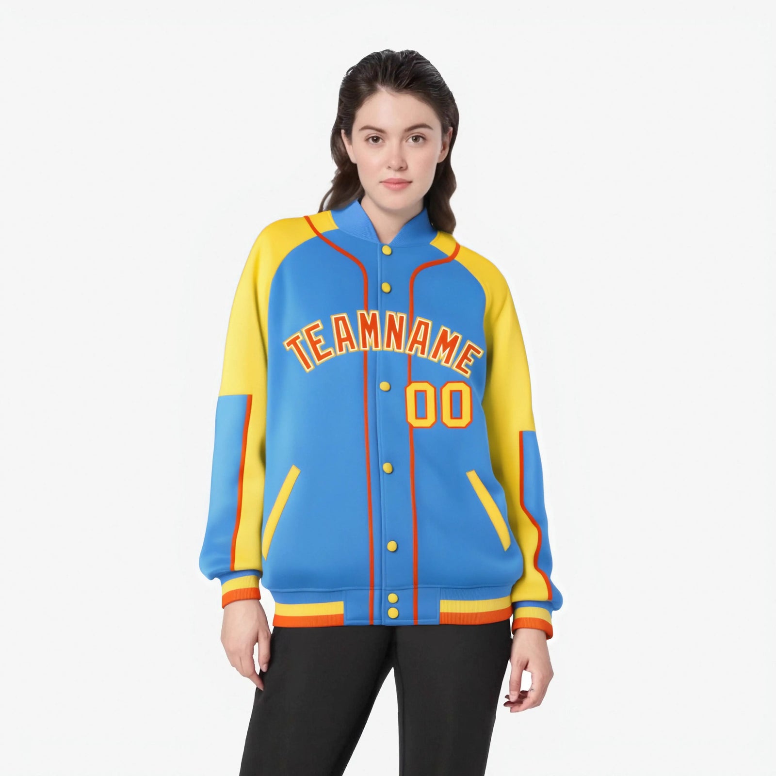 Custom Powder Blue Gold-Powder Blue Varsity Full-Snap Color Block Letterman Jacket