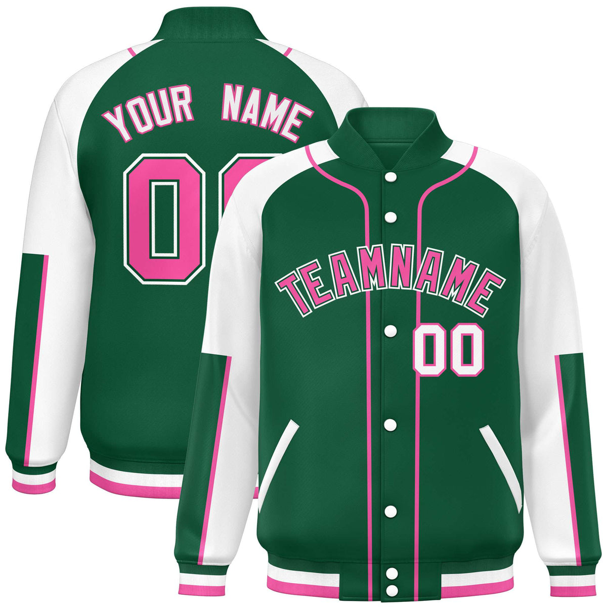 Custom Green White-Green Varsity Full-Snap Color Block Letterman Jacket
