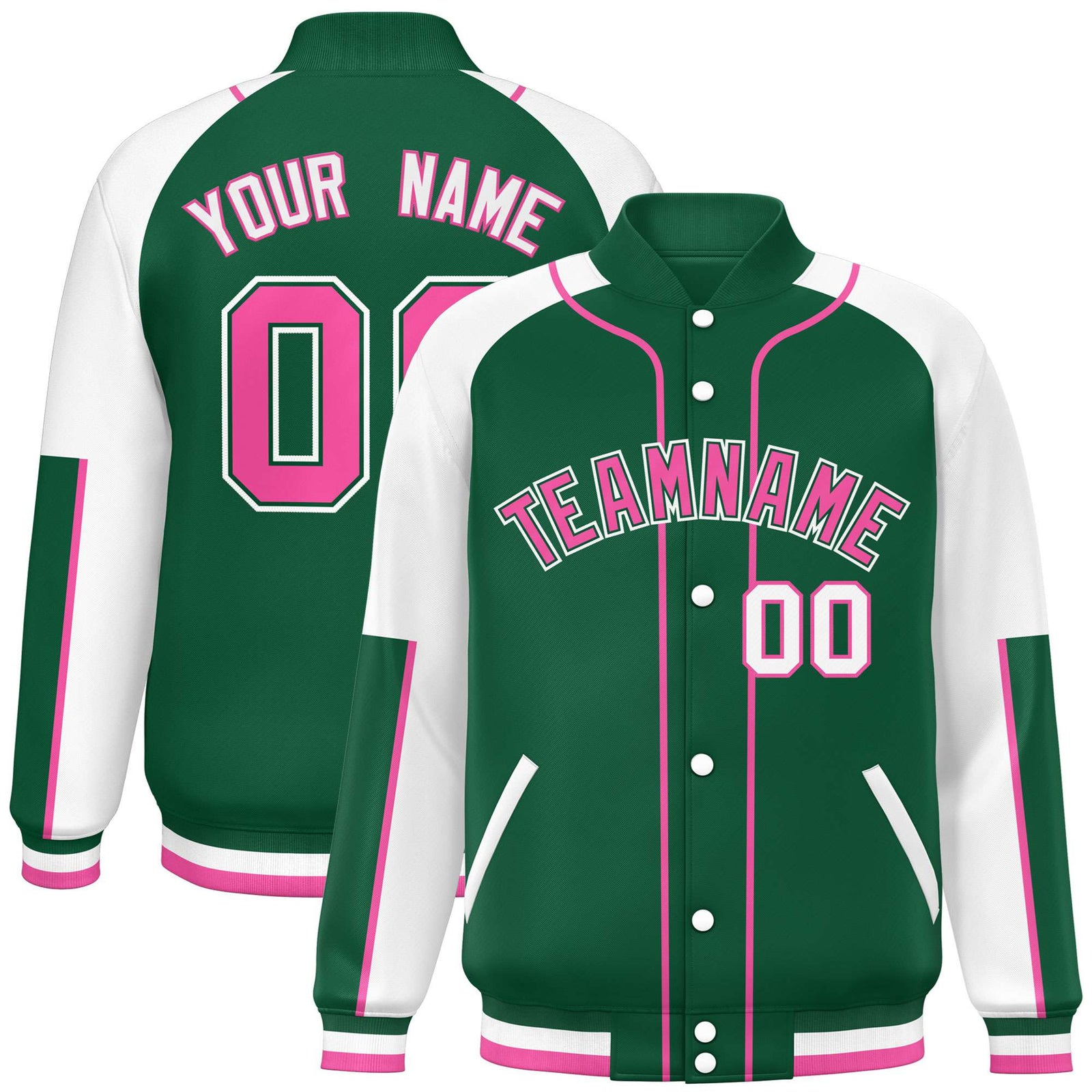 Custom Green White-Green Varsity Full-Snap Color Block Letterman Jacket