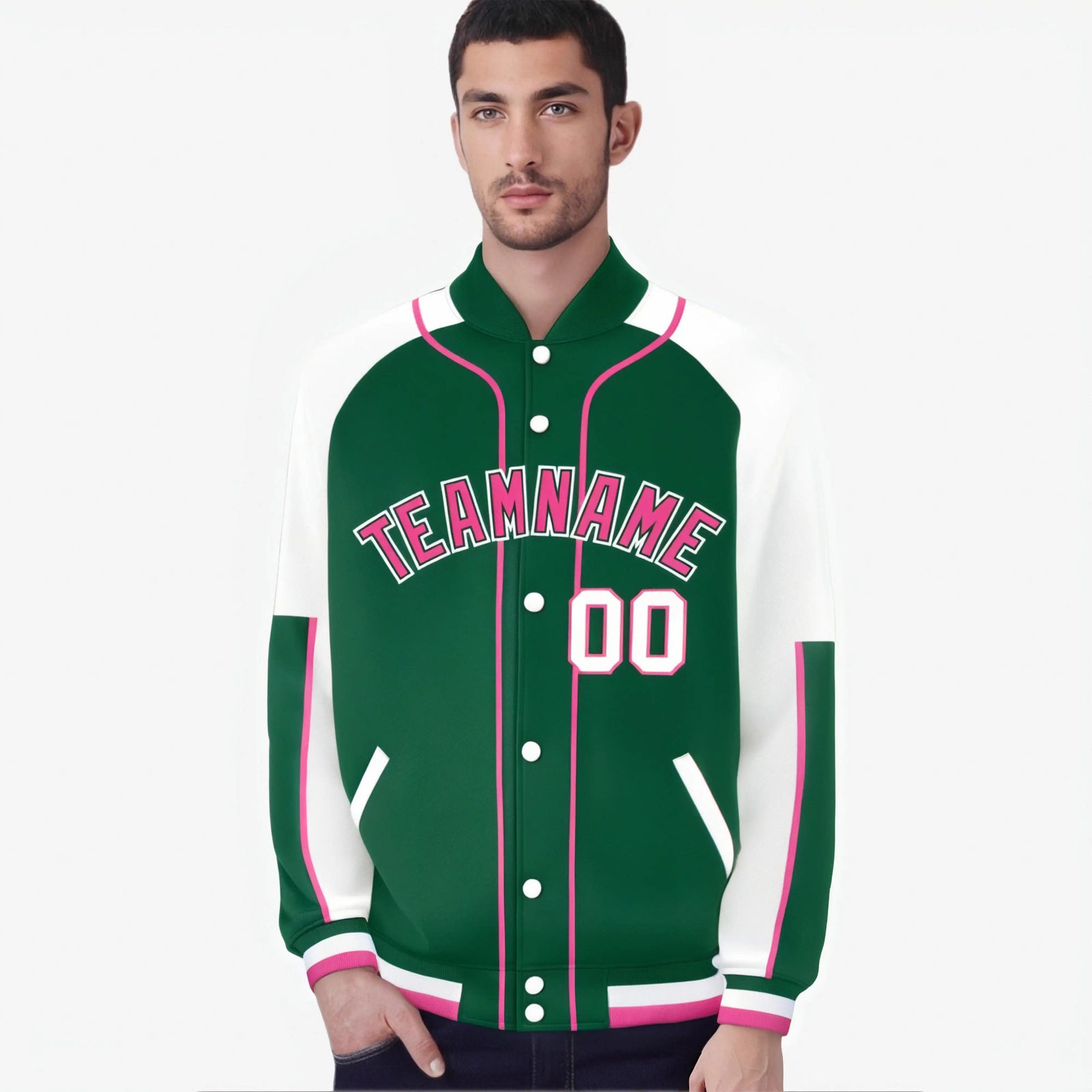 Custom Green White-Green Varsity Full-Snap Color Block Letterman Jacket