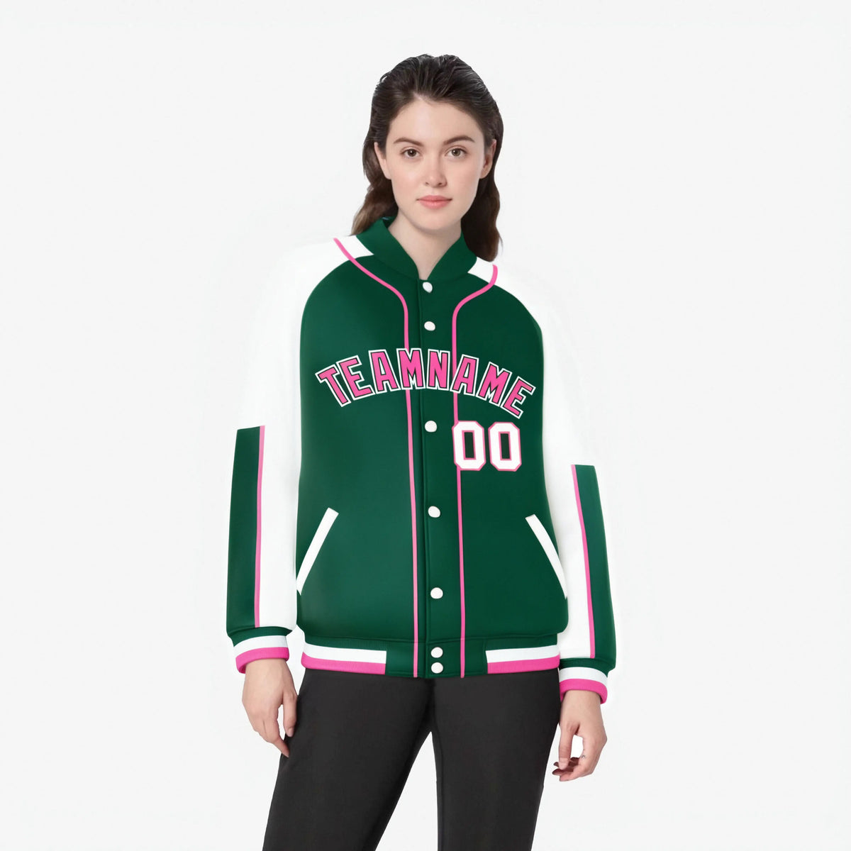 Custom Green White-Green Varsity Full-Snap Color Block Letterman Jacket