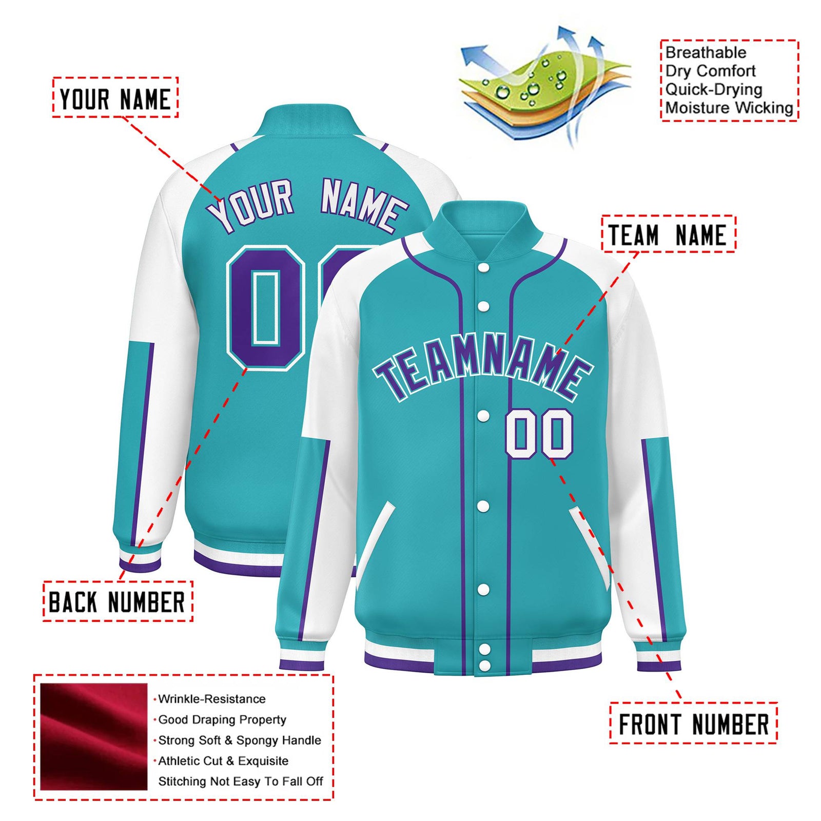 Custom Aqua White-Aqua Varsity Full-Snap Color Block Letterman Jacket