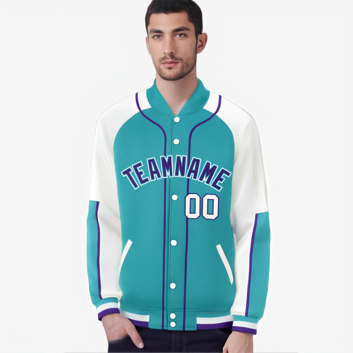Custom Aqua White-Aqua Varsity Full-Snap Color Block Letterman Jacket