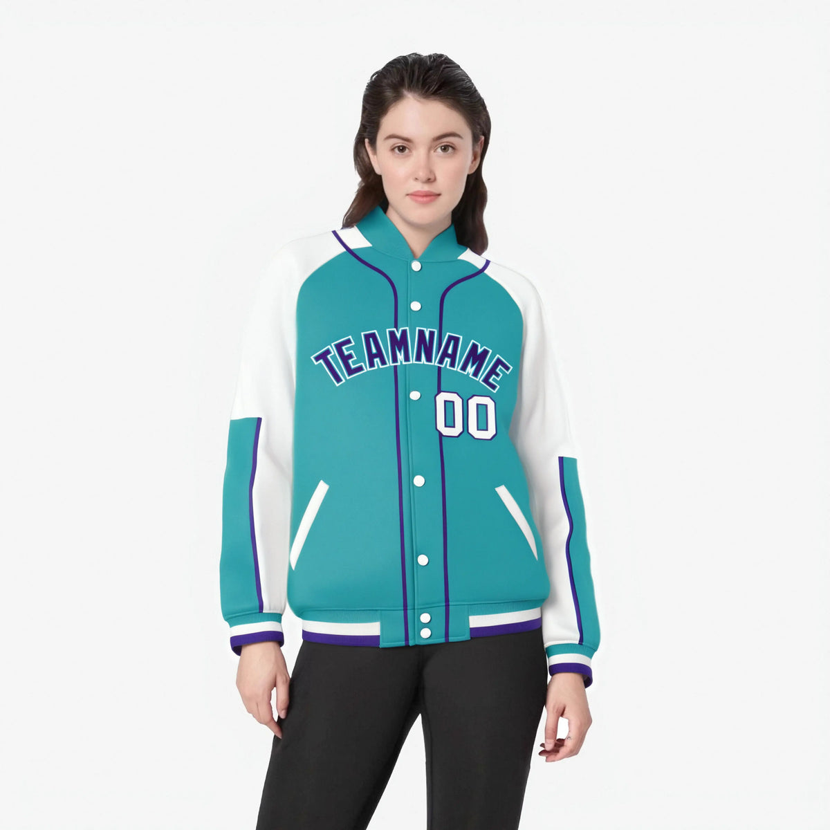 Custom Aqua White-Aqua Varsity Full-Snap Color Block Letterman Jacket