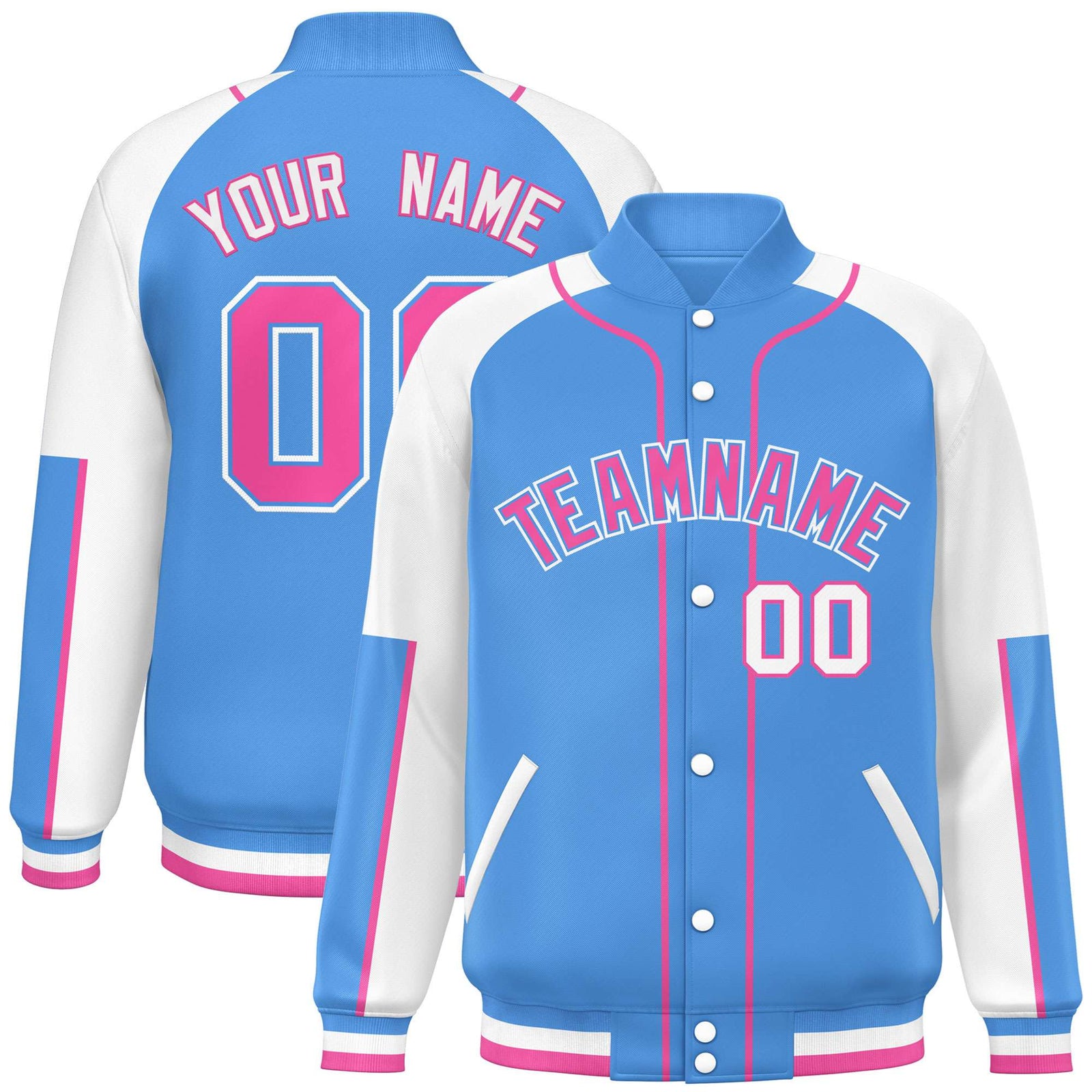 Custom Powder Blue White-Powder Blue Varsity Full-Snap Color Block Letterman Jacket